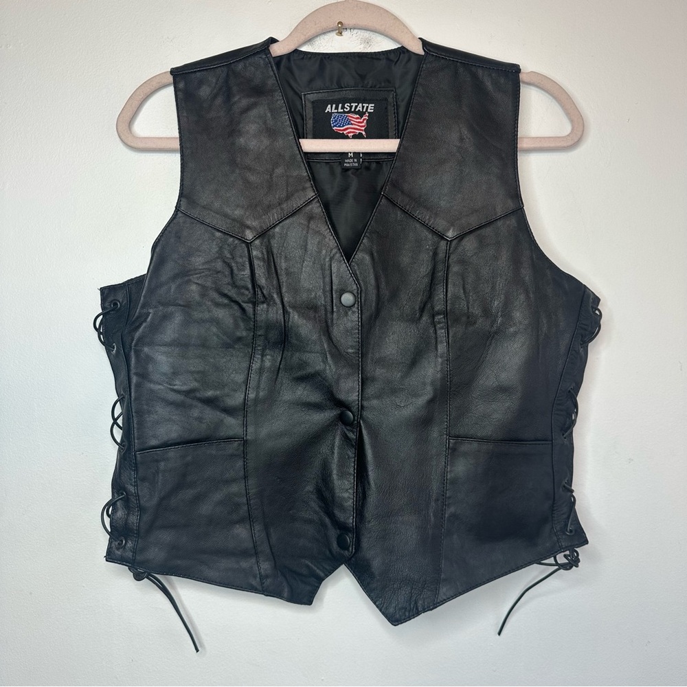 Allstate Leather Genuine Ladies Black Laced Split Cowhide Vest M Medium Biker